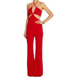 Balmain red knit cut out jumpsuit size 38  Flared Halter Runway 2015 US size 6